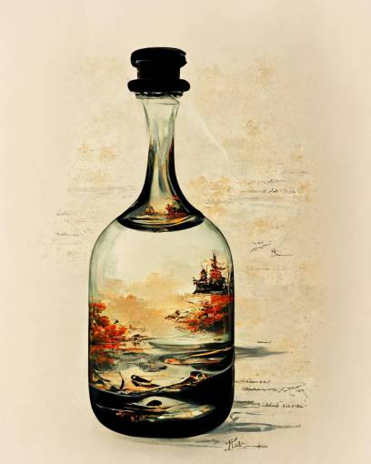 message in a bottle, symbolism, fine detail, white background, negative space, fine art, advertising poster,