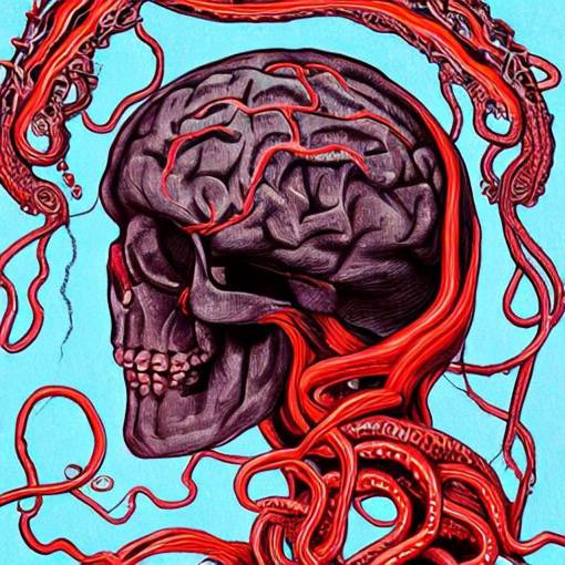 Migraine escaping skull brain like red and light black tentacles | Ivan Bilibin | 4K | featured on Artstation