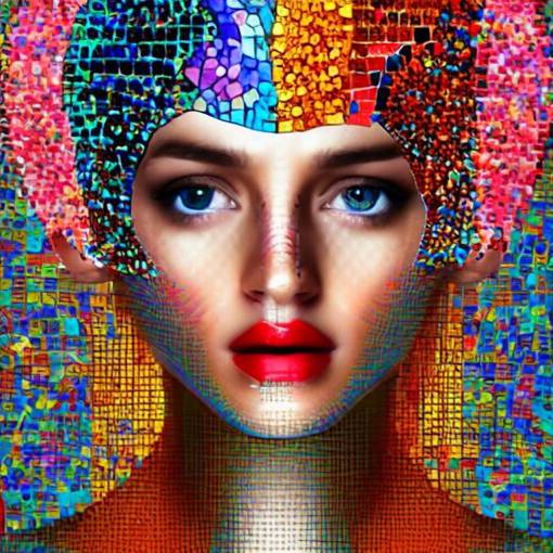 mosaic portrait of a beautiful cute girl with robot ears by Saimir Strati, 4k, intricate details, digital, shining vibrant colors in the background