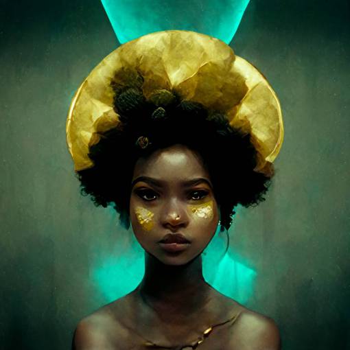MWANZO golden afro futuristic, mint green, gold and bronze, cinematic, dramatic lighting