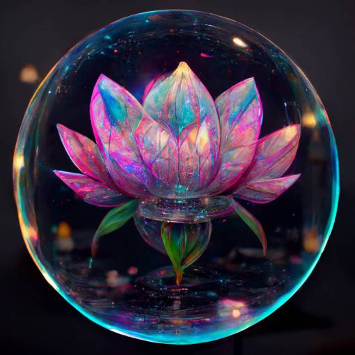 mystical colorful lotus flower inside a soap bubble, cinematic night, intricate details, ultra realistic,8k, trippy lights, high resolution, ray render 3d