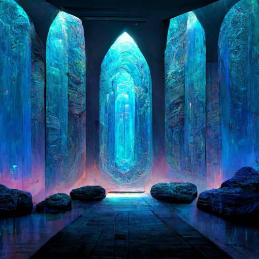 mystical cybernetic and opalescent rock wall with blue glowing oval windows