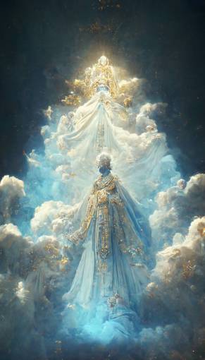 **mystical Queen Elizabeth portrait ascending in the sky with angels as court , very detailed , light blue and white and gold shades , unreal engine 5 , 8k
