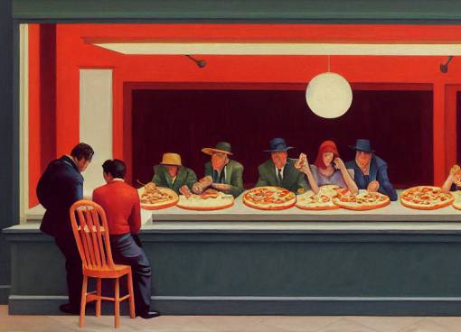 People eating pizza in the Nighthawks painting by Edward Hopper, highly detailed, detailed faces