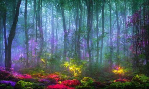 photograph of a dense mystic forest, colored flowers, mystic hues, breathtaking lights shining, psychedelic fern, tyndall effect, lantern fly, dense forest, foggy, 4k, Acid Pixie, by thomas kinkade