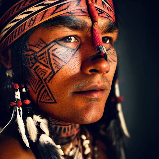 portrait of native indian chief + tribal tattoos, closeup, dramatic lighting, cinematic, photo