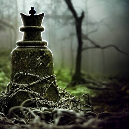 queen chess piece made of stone with vines climbing and surrounding it, broken, very worn, old, abandoned, in a dark forest, gloomy environment, lonely, scary, hyperrealistic, high detail, volumetric, 8K