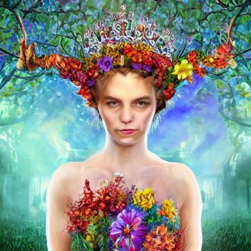 Queen of the Fae wearing a crown of flowers and brocaded sleeveless gown, character portrait, inside, archways, intricate brickwork, highly detailed, colorful, hyper realism, 4k