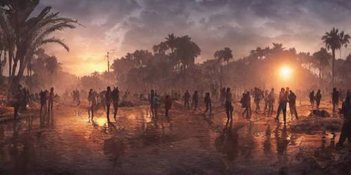 realistic national geographic photography of climate change migrant crisis in Los Angeles, detailed lighting, high quality, sharp focus, intricate, digital painting, artstation, 4k