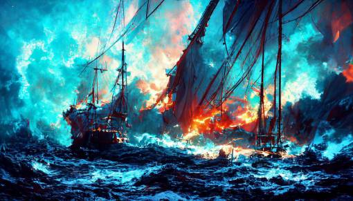 Sail away, set sail into the blue horizon Ride the waves that guide our destiny Sail away, today we fight And there will be no mercy for those with no grave but the sea, pirates, galleon, cinematic lighting, storm, dark, higly detailed, hyper realistic, fire,