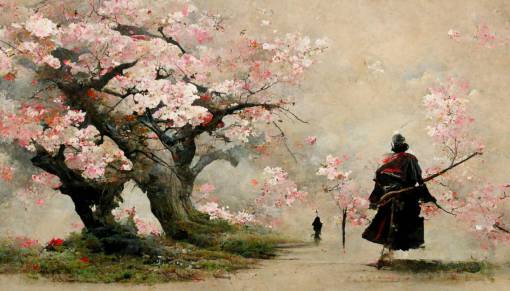 samurai walking under a cherry blossom tree, feodal japan, peacefull, painting