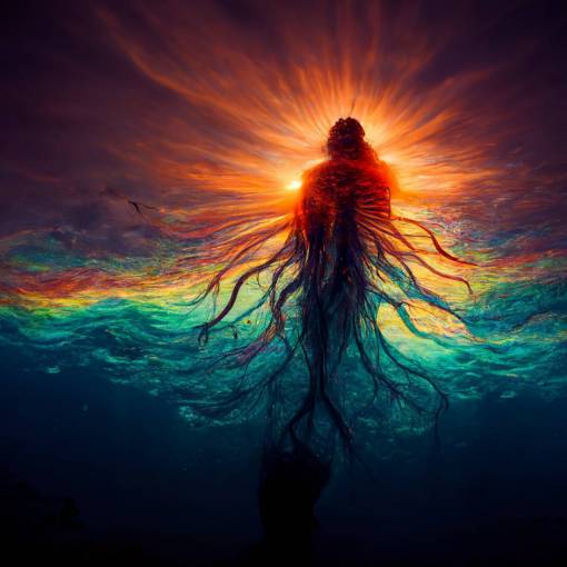 Scary but beautiful creature in ocean, spiritual awakening, dmt, colorful, consciousness, sunset, light rays, ultra photo realistic