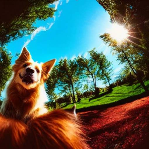 Selfie of a dog sitting in a beautifully vivid park, while the sun shines brightly on the fur of the dog, subsurface scattering, first-person view, fisheye!!!!!! lens, photorealistic imagery, trending on artstation, 4k, 8k