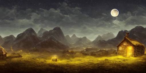 Skeleton infested fields with large mountains in the distance, small cottage in the foreground, nighttime, moon in the night sky, landscape wallpaper, d&d art, fantasy, painted, 4k, high detail, sharp focus
