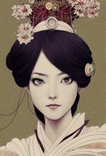 Steampunk hakama princess, white hime cut hairstyle, by kyoto animation, beautiful, detailed symmetrical close up portrait, intricate complexity, in the style of takato yamamoto and gharliera, cel shaded,low angle shot, digital painting+glasses,illustration, highly detail , 8k, Pinterest