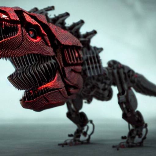 still of a cyborg T-Rex, red eyes, robotic extended arms, 4k, film grain, 85mm