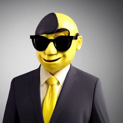 still of a man in a suit wearing a plastic mask of a lemon with sunglasses, 4k, photorealistic, hd