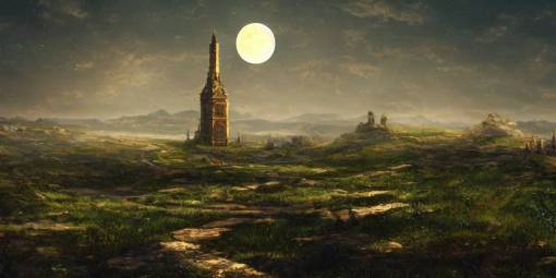 The great intricate marble and golden wizards tower, painted landscape, green fields in the background, moody lighting, moon in the night sky, sharp image, 4k, artstation, colorful digital art