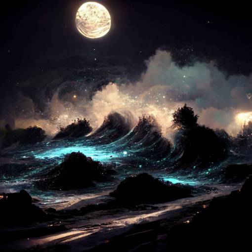 waves crashing, dark night, starry constelations, hd