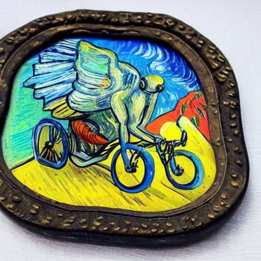 winged snail riding a bike by Vincent Van Gogh, oil painting, detailed, 4k, colourful, vibrant colors, beautiful