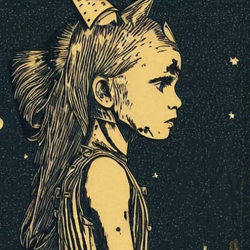Woodcut portrait of a beautiful cute girl with robot ears by falling into the stars greg rutkowski, 4k, intricate details