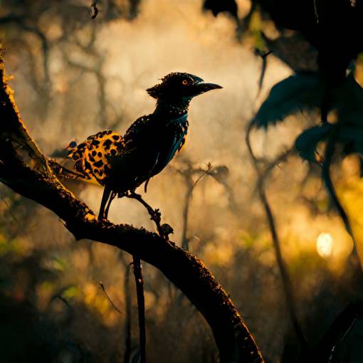 wow, bird with leopard spots, on a branch, in a jungle setting, key shot, dramatic lighting, golden hour, spooky
