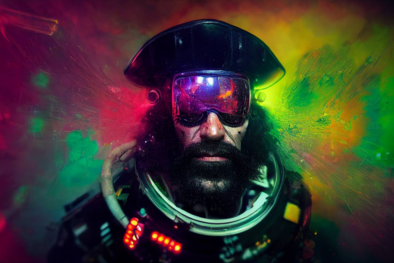 Angry Cyborg Blackbeard, Pirate, Full Body, In Space, Lsd, Acrylic