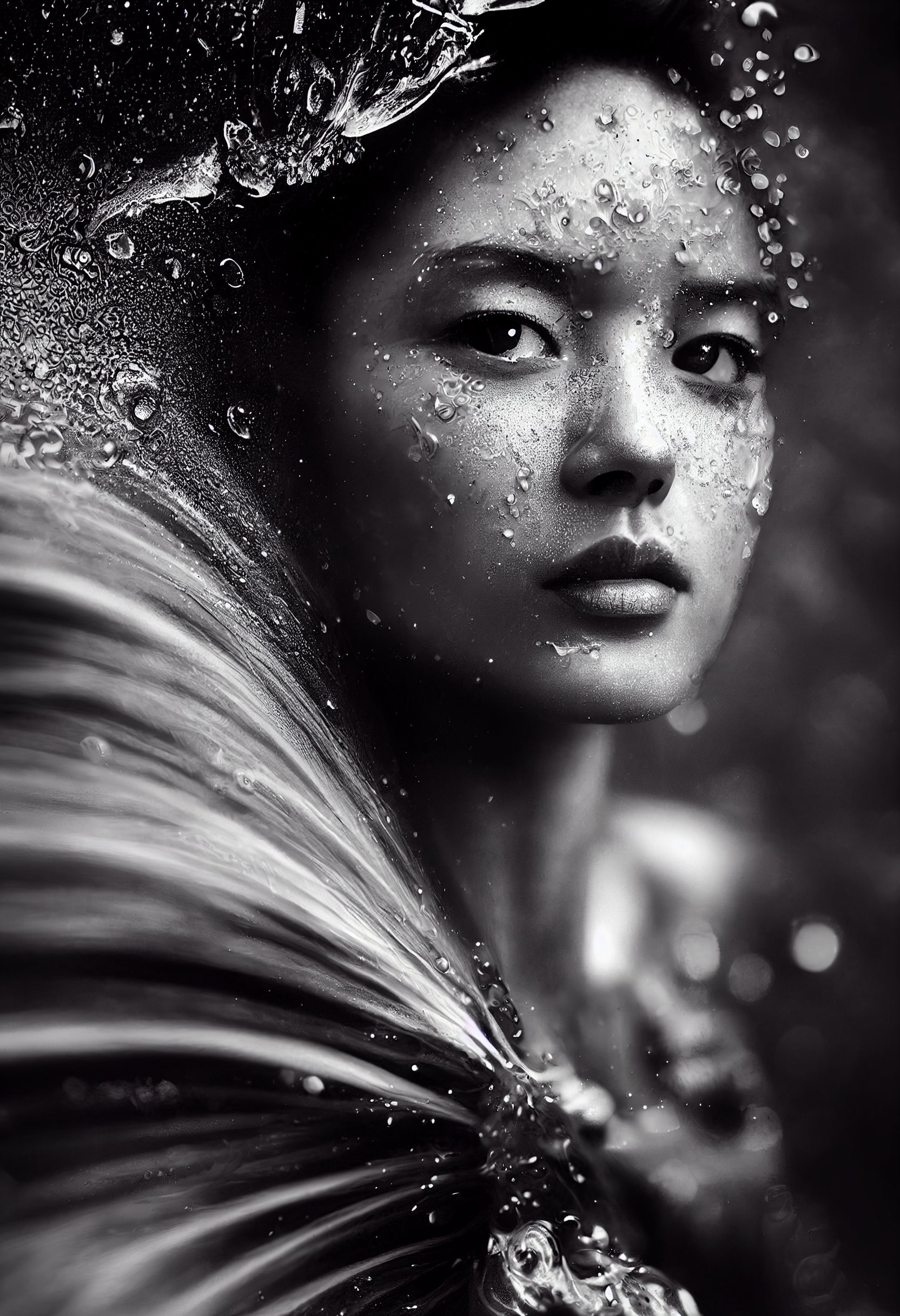 Pure Black Background Photography, Beautiful Ethereal Water Elemental, Fantasy, Magic, Portrait