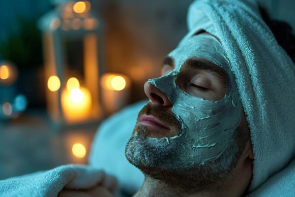 30 years Man with white facial mask in beauty spa