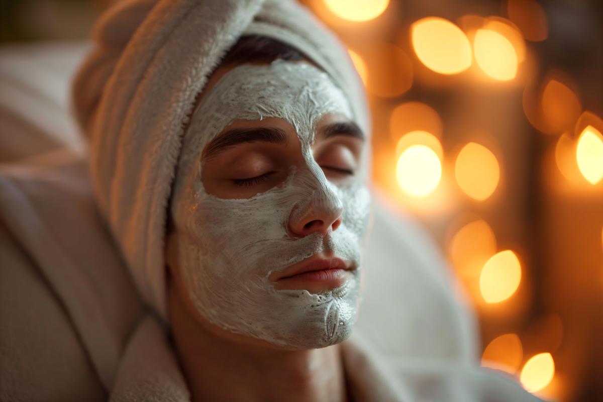 40 yers Man with white facial mask in beauty spa picture