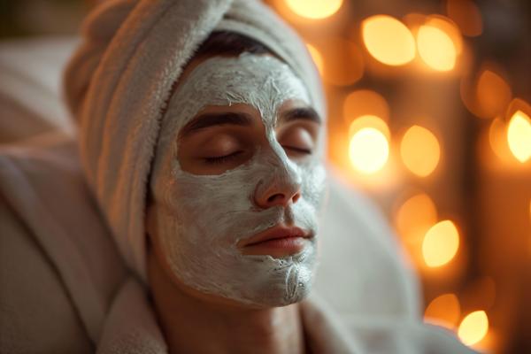 40 yers Man with white facial mask in beauty spa