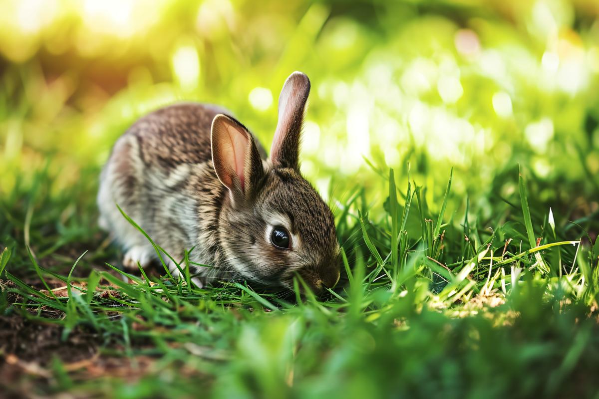 Baby rabbit eating grass outdoor on sunny summer day picture