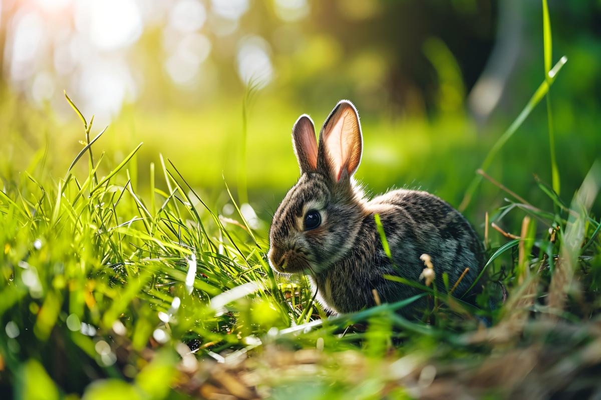 Baby rabbit eating grass outdoor on sunny summer day picture