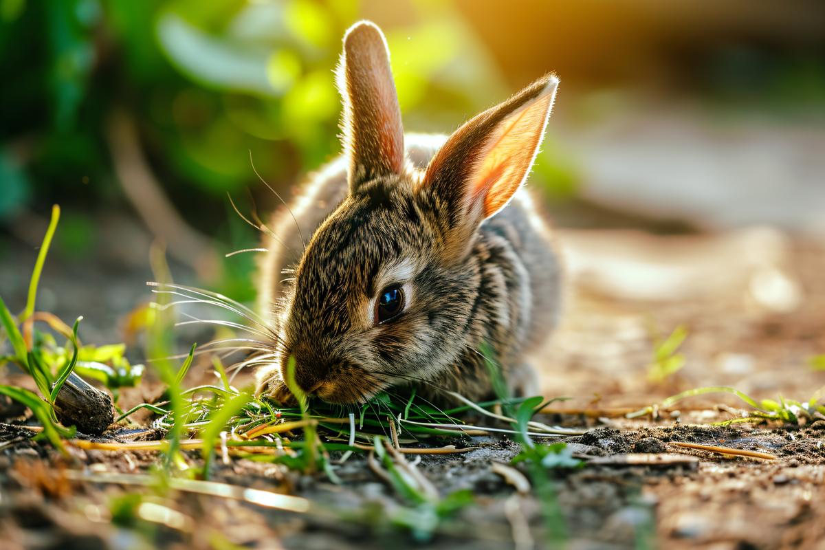 Baby rabbit eating grass outdoor on sunny summer day picture