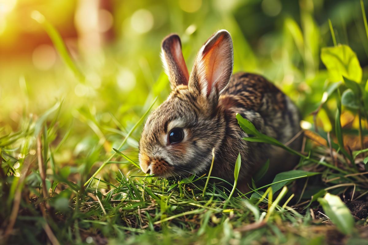 Baby rabbit eating grass outdoor on sunny summer day picture