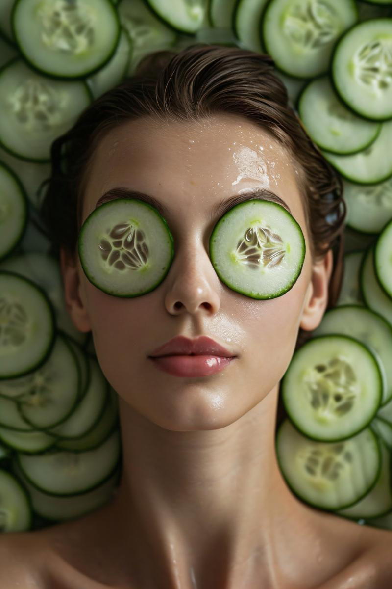 Beautiful woman with cucumber slices on eyes picture
