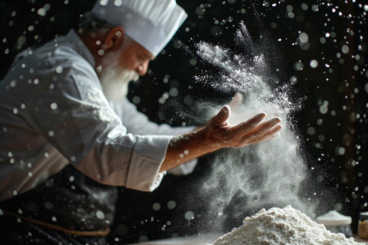 Chef prepare white flour dust for cooking bakery food picture