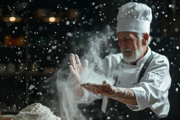 Chef prepare white flour dust for cooking bakery food