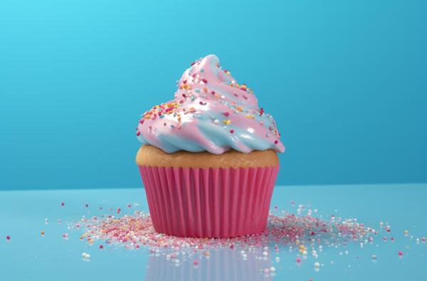 cupcake on table on blue surface with sprinkles