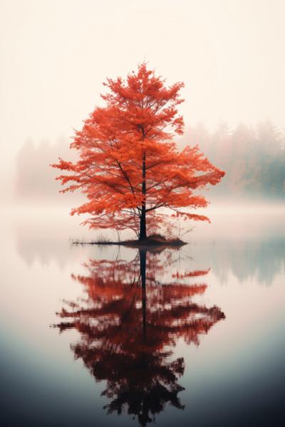 Ethereal mist blankets the tranquil lake