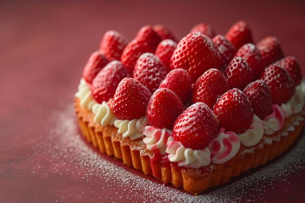 A heart-shaped cake adorned with fresh strawberries and whipped cream