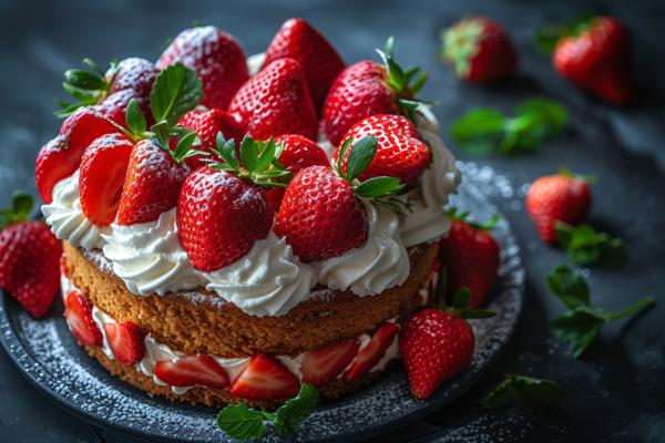 A heart-shaped cake adorned with fresh strawberries and whipped cream