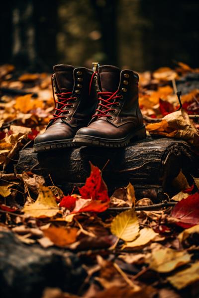 Leather boots crunch on a forest path scattered with vibrant leaves of red and gold