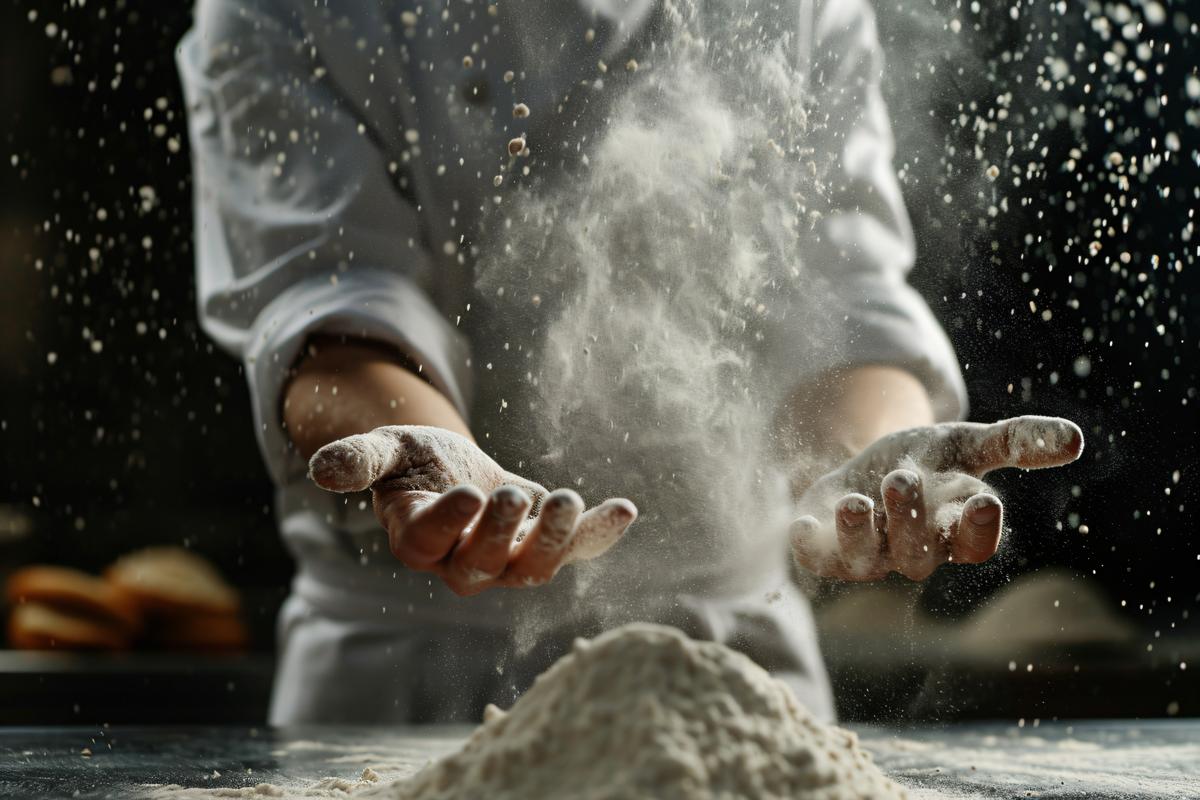 macro front view Chef pepare white flour dust for cooking bakery food picture