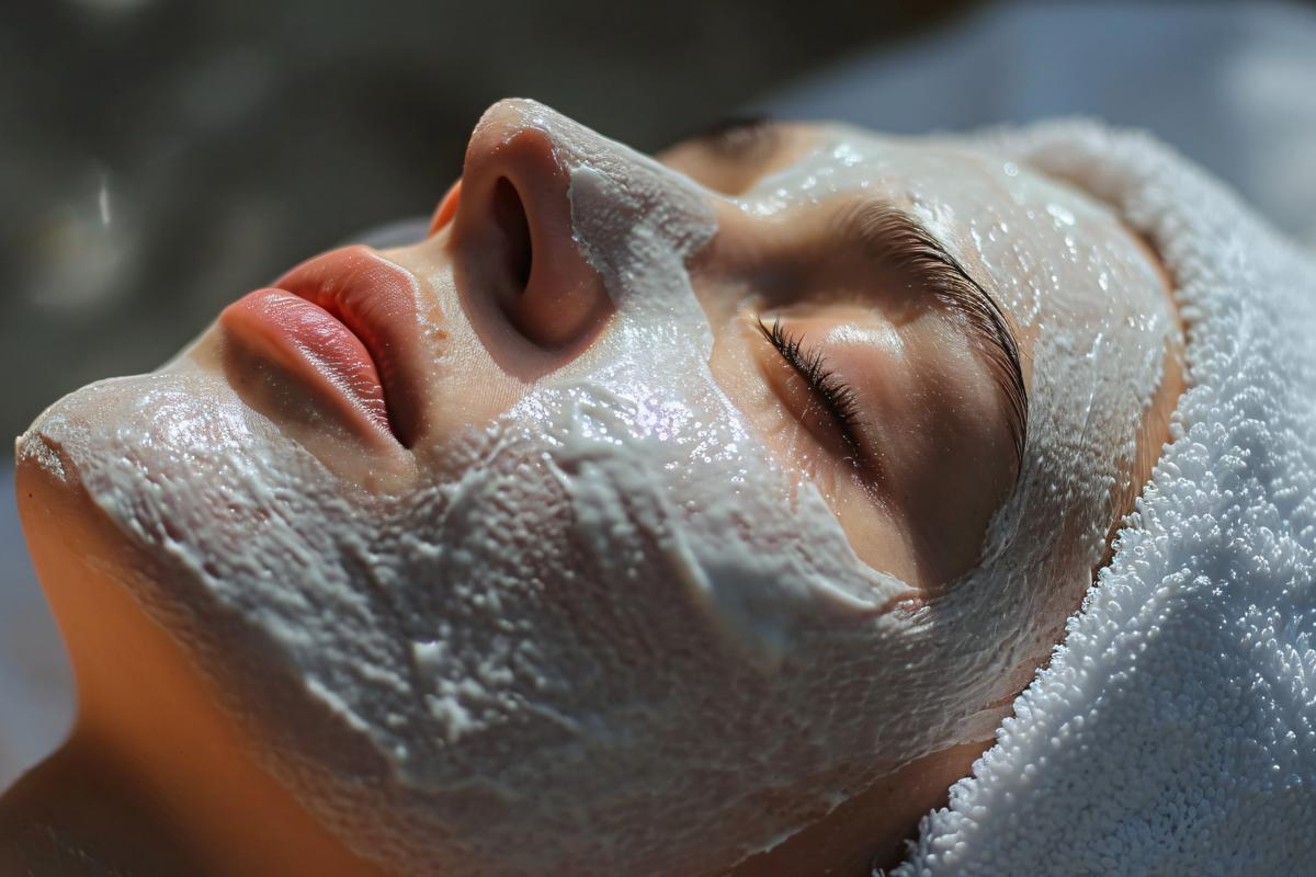 macro Spa white cream mask on a woman s face --v 6 picture