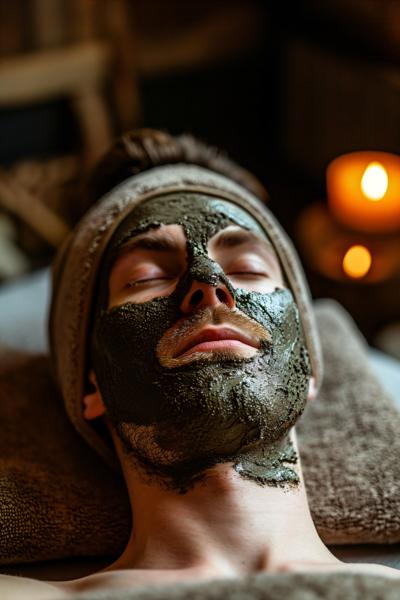 Man with clay facial mask in beauty spa