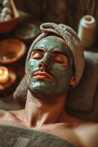 Man with clay facial mask in beauty spa