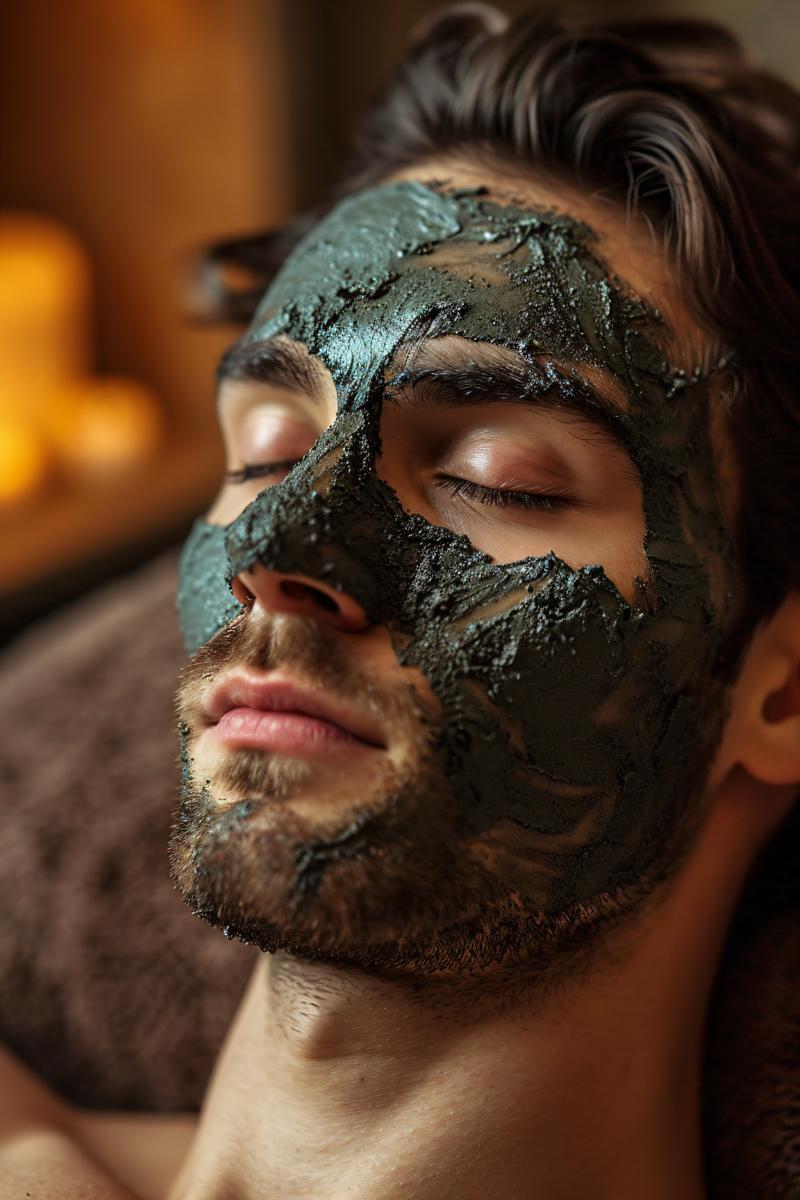 Man with clay facial mask in beauty spa picture