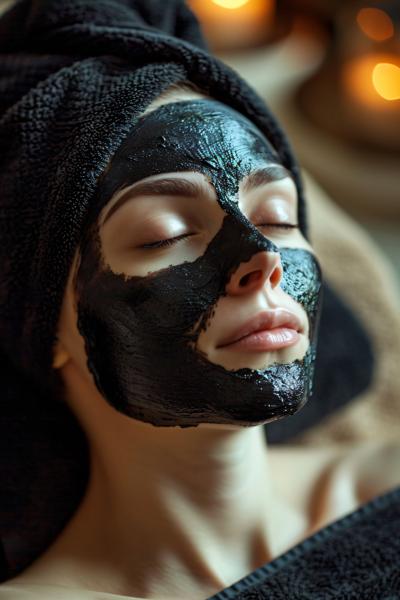 mid age woman with black facial mask at a spa enjoying a relaxing day of beauty and wellness at a luxury health spa