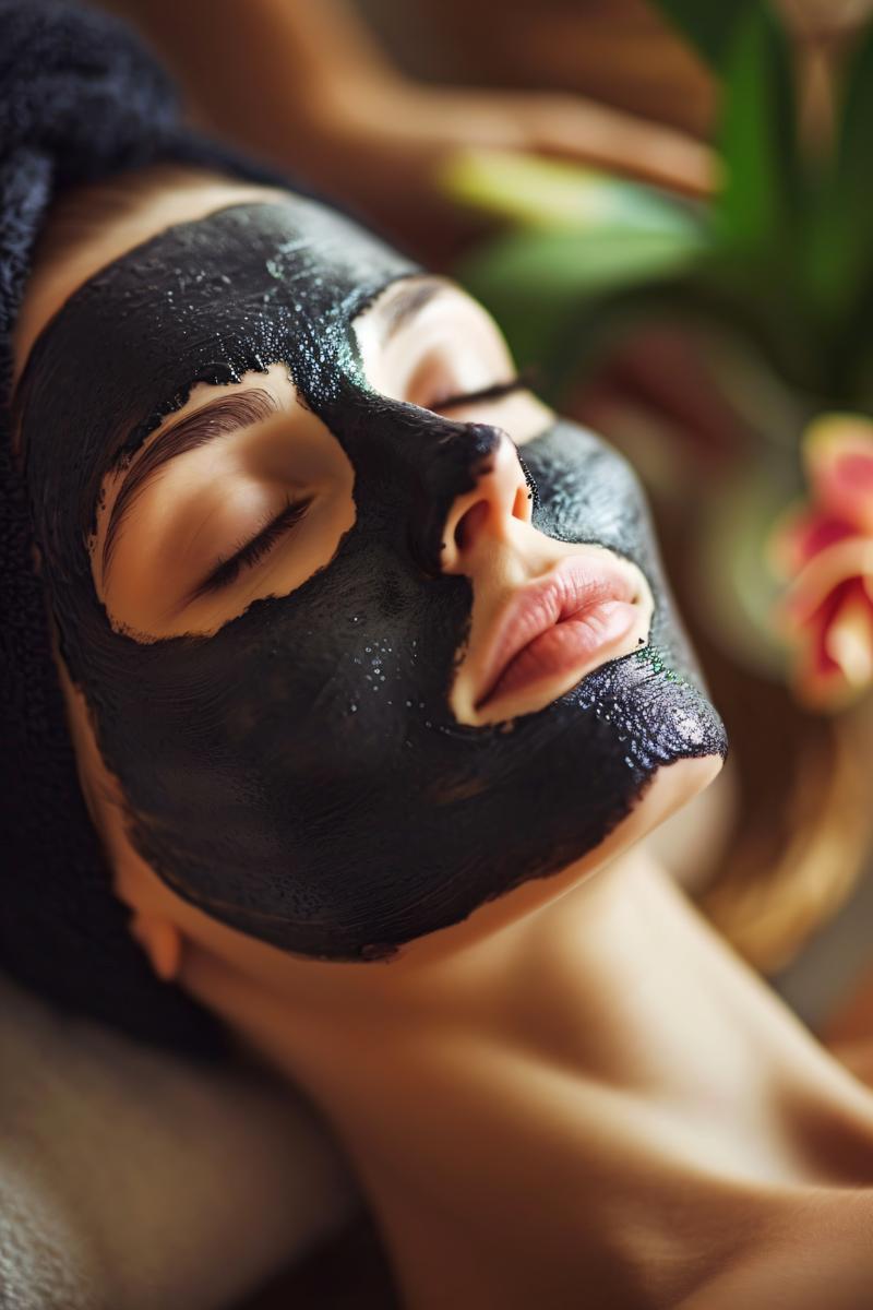 mid age woman with black facial mask at a spa enjoying a relaxing day of beauty and wellness at a luxury health spa picture